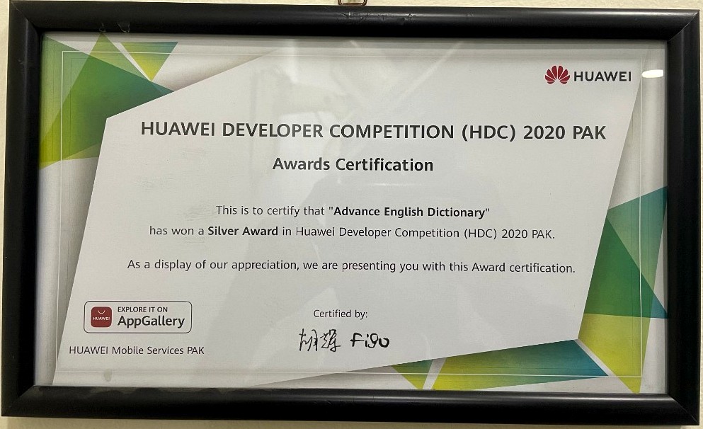 Framed Huawei Developer Competition 2020 PAK certificate awarding a Silver Award to Advance English Dictionary.