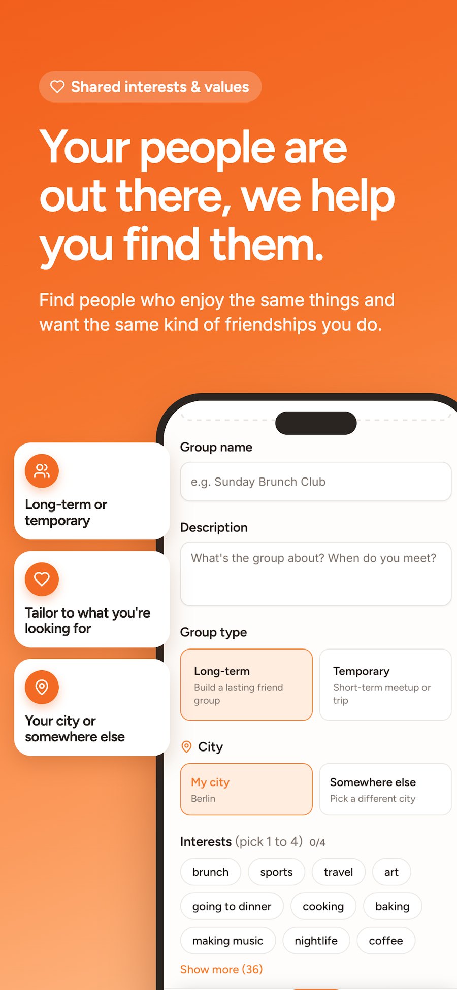 CitCircle screen for creating a friend group and choosing interests.